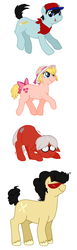 Size: 600x1950 | Tagged: safe, artist:aristide, earth pony, pony, unicorn, ana, clothes, cowering, earthbound, earthbound beginnings, face down ass up, female, floppy ears, hat, horn, lloyd, male, ninten, ponified, rule 85, scarf, smiling, tail, teddy (mother)