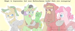 Size: 1024x430 | Tagged: safe, artist:taritoons, apple strudel, pinkie pie, oc, oc:buttercheese, oc:thunder riff, g4, adventuring party, apple family member, baldur's gate, crossover, dungeons and dragons, edwin, forgotten realms, minsc