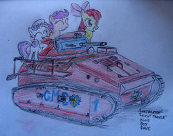 Size: 1024x803 | Tagged: safe, artist:blueboxdave, apple bloom, scootaloo, sweetie belle, g4, cutie mark crusaders, leichttraktor, tank (vehicle), this will end in tears and/or death and/or covered in tree sap