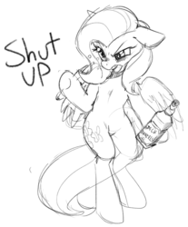 Size: 1280x1544 | Tagged: safe, artist:mewball, fluttershy, pony, semi-anthro, alcohol, bipedal, drunk, drunkershy, female, jack daniels, monochrome, simple background, solo, whiskey