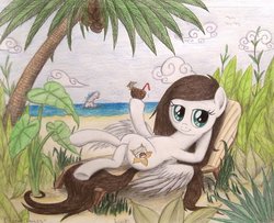 Size: 992x805 | Tagged: safe, artist:thefriendlyelephant, oc, oc only, oc:coconut cake, elephant, pegasus, pony, beach, coconut, elephant ear plant, ocean, plants, relaxing, traditional art, tree, tropical