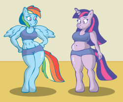 Size: 2400x2000 | Tagged: safe, artist:lordstormcaller, rainbow dash, twilight sparkle, anthro, unguligrade anthro, g4, abs, belly, belly button, breasts, busty rainbow dash, busty twilight sparkle, chubby, envy, female, fit, high res, midriff, muffin top, slender, thin, training, wide hips