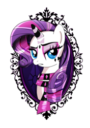 Size: 3508x4961 | Tagged: safe, artist:ii-art, rarity, pony, unicorn, g4, bow, bust, clothes, cutie mark, diamond, ear piercing, earring, female, frame, goth, goth pony, gothic, horn, jewelry, looking at you, makeup, mare, metal, piercing, ponymania, portrait, rarity's cutie mark, scarf, simple background, solo, striped horn, transparent background, white backgroundar