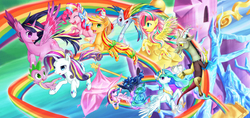 Size: 5052x2381 | Tagged: safe, artist:arrockansate, applejack, discord, fluttershy, pinkie pie, princess cadance, princess celestia, princess luna, rainbow dash, rarity, spike, twilight sparkle, alicorn, pony, g4, crystal empire, female, mane seven, mane six, mare, pixiv, rainbow power, twilight sparkle (alicorn)