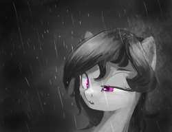 Size: 2500x1920 | Tagged: safe, artist:qweeli, octavia melody, g4, alternate hairstyle, female, grayscale, monochrome, neo noir, partial color, rain, solo