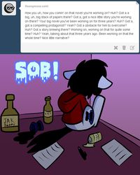 Size: 2400x3000 | Tagged: safe, artist:pembroke, oc, oc only, oc:ink blot, pony, unicorn, alcohol, ask, crying, family guy, high res, ink, just ask ink blot, male, tumblr