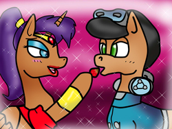 Size: 800x600 | Tagged: safe, artist:odiz, genie, beck, crossover, crossover shipping, female, male, mighty no.9, ponified, shantae, shantae (character), shipping, straight, strawberry