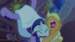 Size: 960x540 | Tagged: safe, screencap, applejack, rarity, twilight sparkle, g4, look before you sleep, adorkable, animated, book, cute, dork, eyes closed, fear hug, female, golden oaks library, hug, leaping, night, pose, scared, screaming, sheet, shocked, smirk, spooky, terrified