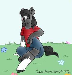 Size: 466x487 | Tagged: safe, artist:bunnycat, oc, oc only, oc:fixer upper, anthro, anthro oc, clothes, commission, flower, male, nature, solo, wink
