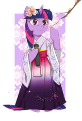 Size: 1181x1748 | Tagged: safe, artist:daikoku, twilight sparkle, pony, g4, bipedal, cherry blossoms, female, flower, flower in hair, hakama, kimono (clothing), pixiv, solo