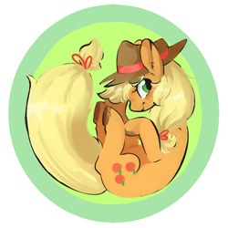 Size: 500x500 | Tagged: safe, artist:techtechno, applejack, earth pony, pony, g4, :t, blushing, cute, ear fluff, female, fetal position, hat, hooves, jackabetes, looking at you, mare, on back, simple background, smiling, solo, tail, unshorn fetlocks, white background