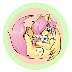 Size: 500x500 | Tagged: safe, artist:techtechno, angel bunny, fluttershy, rabbit, g4, animal, button, female, fetal position, hooves, pet, solo, thick eyebrows