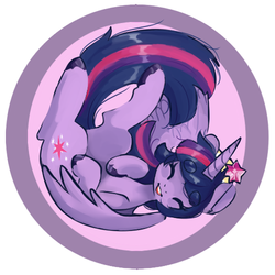 Size: 500x500 | Tagged: safe, artist:techtechno, twilight sparkle, alicorn, pony, g4, big crown thingy, button, eyes closed, female, fetal position, hooves, mare, solo, thick eyebrows, twilight sparkle (alicorn), upside down