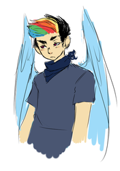 Size: 400x568 | Tagged: safe, artist:techtechno, rainbow dash, human, g4, askequestrianboys, bandana, humanized, natural hair color, rainbow blitz, rule 63, simple background, solo, white background, winged humanization