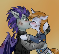 Size: 952x860 | Tagged: safe, artist:jitterbugjive, oc, oc only, oc:biohazard skies, oc:littlepip, bat pony, pony, unicorn, fallout equestria, blushing, bruised, clothes, crying, eyes closed, female, floppy ears, hug, injured, kissing, male, pipbuck, shipping, spread wings, straight, torn clothes