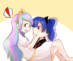 Size: 1200x1000 | Tagged: safe, artist:gyaheung, princess celestia, princess luna, human, g4, blushing, bridal carry, carrying, caught, duo, exclamation point, humanized, necktie, open mouth, ponytail