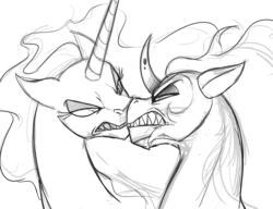 Size: 1052x806 | Tagged: safe, artist:mickeymonster, king sombra, nightmare moon, g4, angry, boop, eye contact, fangs, female, floppy ears, glare, gritted teeth, male, monochrome, noseboop, now kiss, sharp teeth, sketch, snarlove