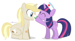 Size: 920x500 | Tagged: safe, artist:dm29, twilight sparkle, oc, oc:colin nary, alicorn, pony, g4, bandaid, duo, female, mare, nurse, ponysona, simple background, transparent background, twilight sparkle (alicorn)