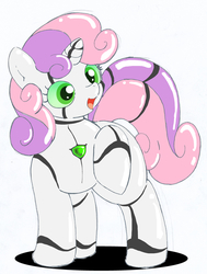 Size: 2858x3781 | Tagged: safe, alternate version, artist:yasumitsu, sweetie belle, pony, robot, robot pony, unicorn, g4, female, filly, foal, high res, hooves, horn, pixiv, raised hoof, simple background, solo, sweetie bot