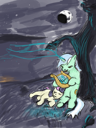 Size: 480x640 | Tagged: safe, bon bon, lyra heartstrings, sweetie drops, g4, eyes closed, lyre, magic, moon, music, musical instrument, night, playing, tree