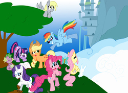 Size: 792x576 | Tagged: safe, artist:pembroke, angel bunny, applejack, derpy hooves, fluttershy, pinkie pie, rainbow dash, rarity, spike, twilight sparkle, pegasus, pony, g4, female, mane seven, mane six, mare