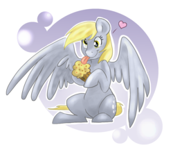 Size: 1830x1581 | Tagged: safe, artist:kikirrikitiki, derpy hooves, pegasus, pony, g4, female, happy, heart, licking, mare, muffin, sitting, smiling, solo, spread wings, that pony sure does love muffins, tongue out