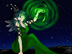 Size: 1024x768 | Tagged: safe, artist:cryaoticisbest, queen chrysalis, changeling, changeling queen, human, g4, elf ears, female, humanized, magic, night, sitting, solo, stars, winged humanization
