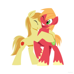 Size: 1280x1280 | Tagged: safe, artist:hoverrover, big macintosh, braeburn, earth pony, pony, g4, colored hooves, eyes closed, gay, hooves, hug, lineless, male, one eye closed, raised hoof, ship:braemac, shipping, simple background, smiling, stallion, teeth, transparent background