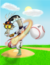 Size: 1380x1778 | Tagged: safe, artist:lazytriggerfinger, discord, g4, baseball, baseball cap, clothes, glasses, hat, major league, male, movie reference, pitch, solo, sports, throwing