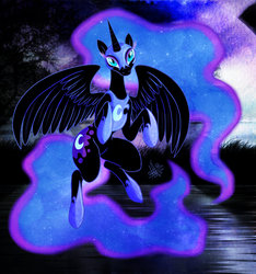 Size: 1024x1095 | Tagged: safe, artist:thepipefox, nightmare moon, g4, female, night, solo, spread wings, water