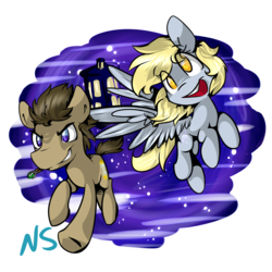 Size: 2800x2800 | Tagged: safe, artist:nekosnicker, derpy hooves, doctor whooves, time turner, pegasus, pony, g4, doctor who, female, high res, mare, mouth hold, smiling, smirk, sonic screwdriver, space, stars, tardis