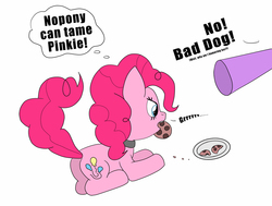 Size: 2000x1509 | Tagged: safe, artist:greaterlimit, pinkie pie, twilight sparkle, dog, g4, behaving like a dog, butt, collar, cookie, eating, hooves, mouth hold, pet play, plate, plot, pointing, prone, puppy pie, simple background, thought bubble, white background