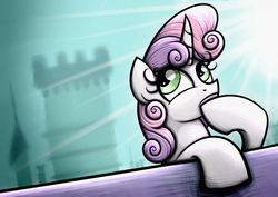 Size: 1754x1240 | Tagged: safe, artist:rambopvp, sweetie belle, pony, unicorn, g4, canterlot, female, filly, solo, thinking