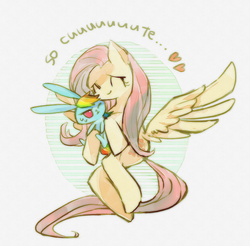 Size: 1284x1265 | Tagged: safe, artist:3cca, fluttershy, rainbow dash, g4, anatomically incorrect, annoyed, bunnified, cute, eyes closed, heart, incorrect leg anatomy, nuzzling, pixiv, smiling, spread wings, sweatdrop, wink