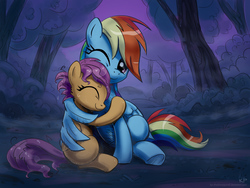 Size: 1200x900 | Tagged: safe, artist:kp-shadowsquirrel, rainbow dash, scootaloo, pegasus, pony, g4, sleepless in ponyville, blank flank, cute, cutealoo, dashabetes, duo, duo female, eyes closed, female, filly, foal, heartwarming, holding, hug, mare, messy mane, night, one eye closed, scene interpretation, scootalove, signature, sisters, sitting, smiling, sweet dreams fuel, tree, wet, wet mane, winghug, wings, wink