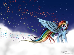 Size: 2048x1536 | Tagged: safe, artist:altohearts, rainbow dash, g4, cloud, cloudy, female, long mane, long tail, solo, windswept mane