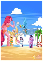 Size: 988x1384 | Tagged: safe, artist:mysticalpha, applejack, fluttershy, pinkie pie, rainbow dash, rarity, twilight sparkle, anthro, unguligrade anthro, g4, applying makeup, beach, belly button, bikini, blue swimsuit, clothes, green swimsuit, makeup, mane six, palm tree, red swimsuit, sand, swimsuit, tree, twilight sparkle (alicorn), volleyball