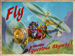 Size: 1724x1290 | Tagged: safe, artist:harwick, idw, applejack, rarity, friends forever #8, g4, my little pony: friends forever, spoiler:comic, autogyro, flying contraption, gyro-flyer, helicopter, pilotjack, plane, postcard, steampunk, that was fast, united airlines