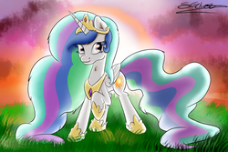 Size: 1500x1000 | Tagged: safe, artist:schizophrenicghost, princess celestia, g4, female, looking at you, raised hoof, solo