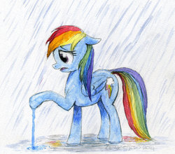 Size: 640x562 | Tagged: safe, artist:el-yeguero, rainbow dash, g4, color loss, female, melting, rain, solo, traditional art, water soluble, wet mane