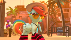 Size: 1024x576 | Tagged: safe, artist:doritos-pope, derpy hooves, rainbow dash, pegasus, pony, g4, 3d, balloon, beach, bench, city, clothes, female, gmod, mare, palm tree, panties, shirt, socks, source filmmaker, stairs, striped socks, striped underwear, tree, underwear