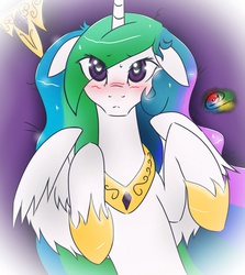 Size: 1536x1720 | Tagged: safe, artist:rockarboom, princess celestia, alicorn, pony, g4, blushing, cute, cutelestia, female, floppy ears, hair over one eye, looking at you, on back, solo, sweat