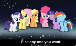 Size: 1600x973 | Tagged: safe, screencap, applejack, fluttershy, pinkie pie, rainbow dash, rarity, twilight sparkle, earth pony, pegasus, pony, unicorn, g4, bronybait, caption, cs captions, cute, female, filly, foal, hatless, missing accessory