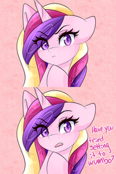 Size: 1280x1920 | Tagged: safe, artist:sugarberry, princess cadance, g4, ask-cadance, eye clipping through hair, female, floppy ears, frown, looking at you, mermaid man and barnacle boy iv, solo, spongebob squarepants, thinking, tumblr, wumbo