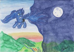 Size: 2819x1987 | Tagged: safe, artist:airtower, princess luna, g4, day, female, flying, looking back, moon, night, smiling, solo, spread wings, traditional art