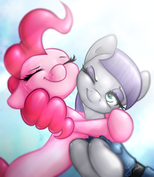 Size: 2000x2301 | Tagged: safe, artist:kelisah, maud pie, pinkie pie, earth pony, pony, g4, maud pie (episode), crepuscular rays, cute, diapinkes, duo, eyes closed, female, floppy ears, hat, high res, hug, light, maudabetes, one eye closed, siblings, sisters, smiling, when she smiles