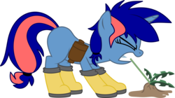 Size: 2546x1430 | Tagged: safe, artist:forgotten-remnant, oc, oc only, oc:ryo, pony, unicorn, blank flank, boots, eyes closed, farmer, galoshes, gritted teeth, pulling, saddle bag, simple background, solo, transparent background, weeds