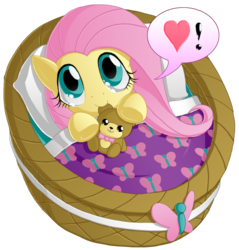 Size: 937x980 | Tagged: safe, artist:berrypawnch, fluttershy, pony, g4, basket, berrypawnch is trying to murder us, cute, female, filly, filly fluttershy, heart, lying down, nom, on back, shyabetes, solo, teddy bear, weapons-grade cute, younger