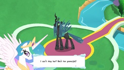 Size: 1136x640 | Tagged: safe, gameloft, princess celestia, queen chrysalis, alicorn, changeling, pony, g4