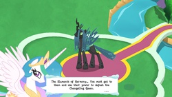 Size: 1136x640 | Tagged: safe, gameloft, princess celestia, queen chrysalis, alicorn, changeling, pony, g4